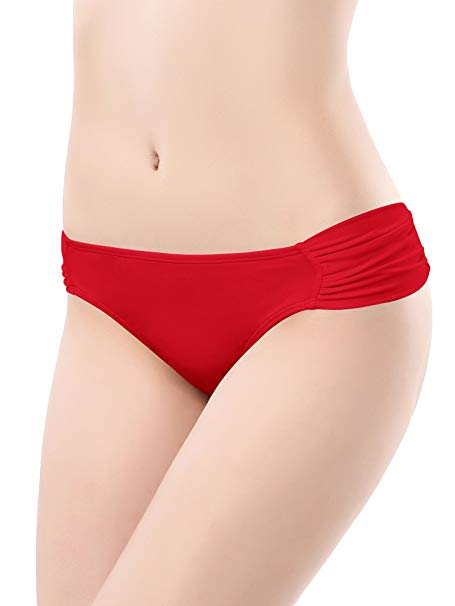 SHEKINI Swimwear Shirred Side Low-Rise Hipster Bikini Bottom for Women