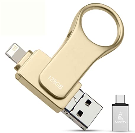 USB Flash Drive, Looffy Photo Stick, 128GB External Storage Memory Stick Photostick Mobile, Thumb Drive USB 3.0 Compatible iPhone/iPad/Android/PC/Type C Backup OTG Smart Phone-Gold