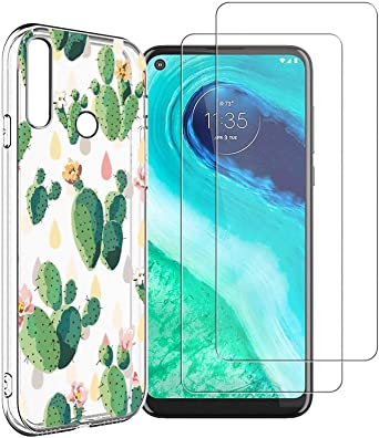 Compatible for Moto G Fast Case with 2 Tempered Glass Screen Protector Soft Silicone Crystal Clear Bumper Slim Protective Phone Cover Case for Motorola Moto G Fast,Cactus