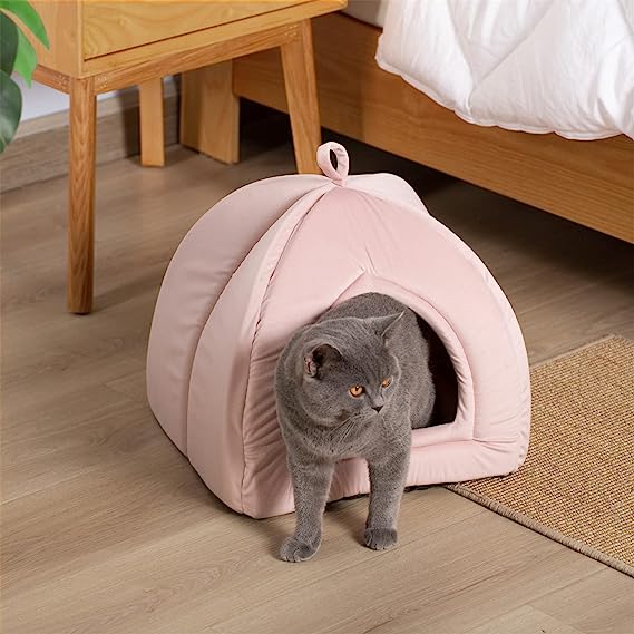 KASENTEX Cat Bed for Indoor Cats, 2-in-1 Cat House Pet Supplies for Kitten and Small Cat or Dog - Animal Cave, Cat Tent with Removable Washable Pillow Cushion (Pink 15x15x15)