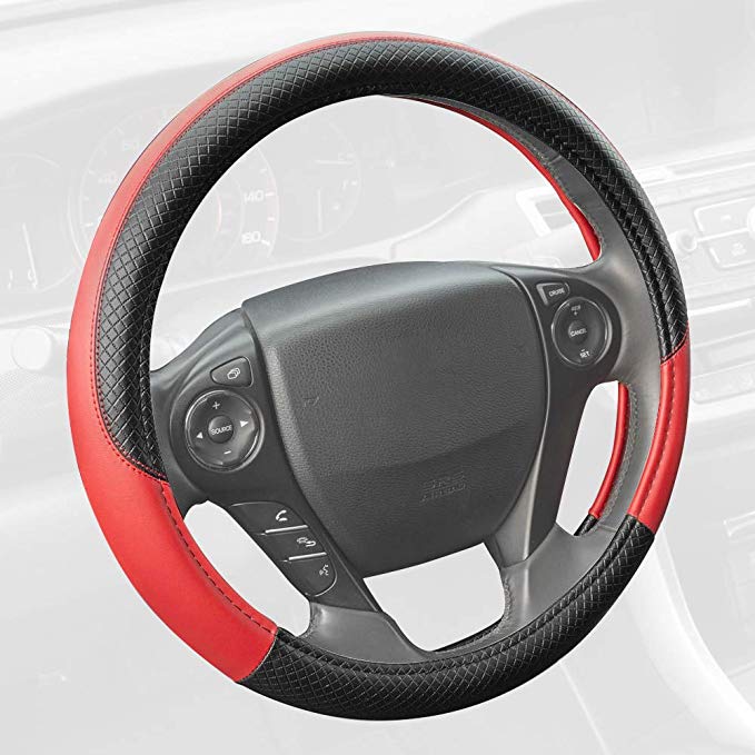 Motor Trend SW-807-RD Red Synthetic Leather Steering Wheel Cover-Cross Diamond Stitching-Two Tone Sport Grip