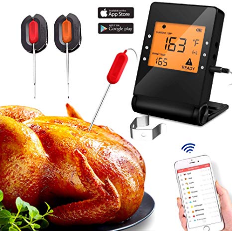 Bluetooth Meat Thermometer Wireless Barbecue Cooking with 2 Probe for Oven Grill Smoker BBQ Remote Control Digital Supports IOS and Android Phone Monitoring