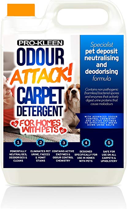 Pro-Kleen Odour Attack! for Homes with Pets Carpet Cleaner Enzyme Shampoo 5L (Fresh Citrus) - Extreme Urine Cleaner for Dogs / Cats / Humans - Eliminates Urine, Faeces & Vomit Stains - Neutralises, Deodorises & Deeply Cleans All Carpet Types - Advanced Odour Control Chemistry & Active Enzymes