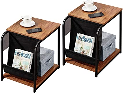 VECELO 2PCS Modern Side/End Table, Small Bedside Nightstand with Magazine Holder Sling for Office Living Room Bedroom Balcony, Easy Assembly, Set of 2, Brown