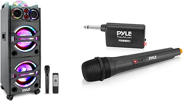 Pyle Portable Bluetooth PA Speaker System & VHF Wireless Microphone System - Professional Battery Operated Handheld Dynamic Unidirectional Cordless Microphone Transmitter Set W/ Adapter Receiver