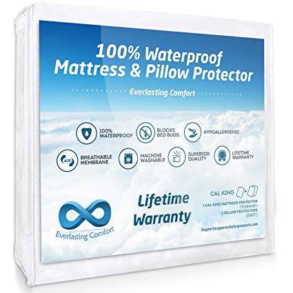 100% Waterproof Mattress Protector and 2 Free Pillow Protectors by Everlasting Comfort. Complete Set, Hypoallergenic, Breathable Membrane (California King)