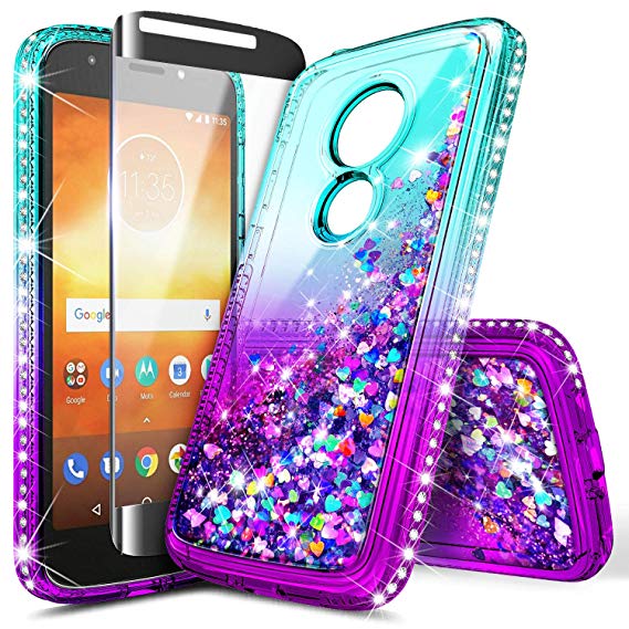 Moto E5 Plus Case, Moto E5 Supra/Motorola Moto E Plus 5th Gen Case with Tempered Glass Screen Protector, NageBee Glitter Liquid Flowing Sparkle Diamond Girls Cute Phone Case -Aqua/Purple