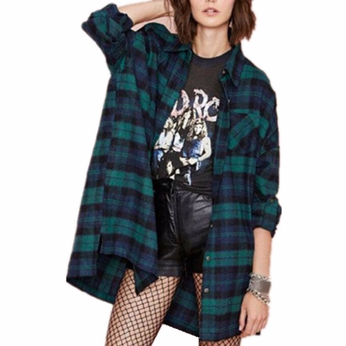 ZANZEA Women Loose Plaid Check Tartan Long Tee Shirt Tops Blouse Cardigan