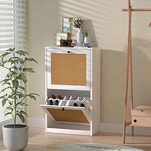 Anmytek Rattan Shoe Cabinet, Entryway Cabinet Wooden Shoe Rack with 2 Flip Drawers, 2-Tier Shoe Storage Cabinet for Entryway Hallway, White