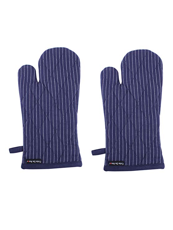 Set of 2 Oven Mitts, Blue Pinstripe, 100% Cotton, 7 x 13, Heat Resistant, Eco Friendly and Safe Gloves, Mittens Suitable for All Household Ovens