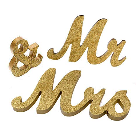 Marsheepy Mr and Mrs Signs Wedding Sweetheart Table Decorations, Wooden Freestanding Letters Wedding Shower Gift (Gold)