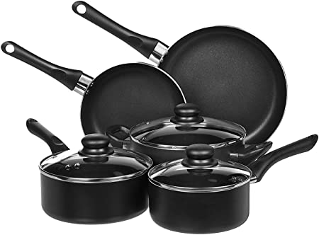 AmazonBasics 8-Piece Non-Stick Cookware Set| 2-Way 3 Layer Non-Stick Coating | Induction Friendly Design | PFOA Free | High Temperature Resistant Exterior Coating, Black