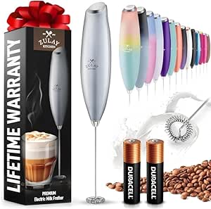 Zulay Kitchen Milk Frother Wand (2 Duracell Batteries Included) - Handheld Milk Frother - Easy-Clean Milk Frother Wand & Drink Mixer - Electric Coffee Frother for Frappe, Matcha - Silver