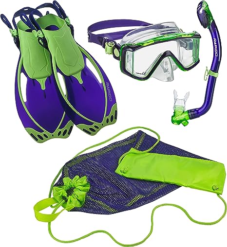 Rapido Boutique Collection Boys and Girls Junior Kids Snorkel Set, Jr Snorkeling Set, Mask   Dry Snorkel   Adjustable Fins   Net Bag, Ages 6 to 12