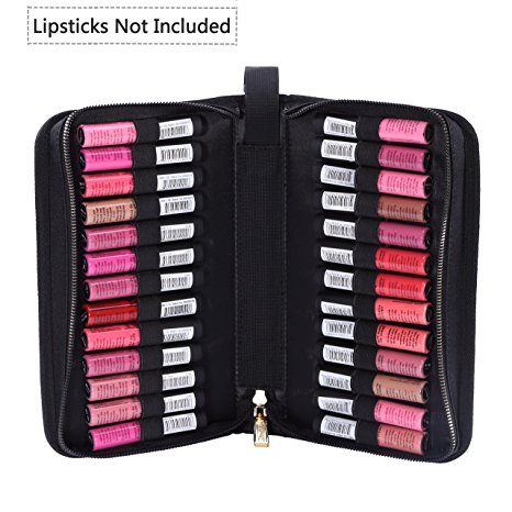 ROWNYEON Portable Lipstick Tester Case Lipstick Stock Case Holder Organization with Carrying Handle Lipstick Makeup Bag ( 26 Slot Golden zipper black )