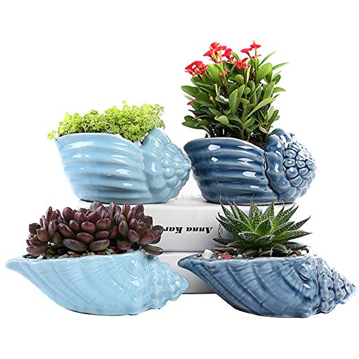 winemana Set of 4 Ocean Style Ceramic Succulent Pots, Field Snail Flowerpot, Sea Snail Cactus Bonsai Planter Container (Blue)