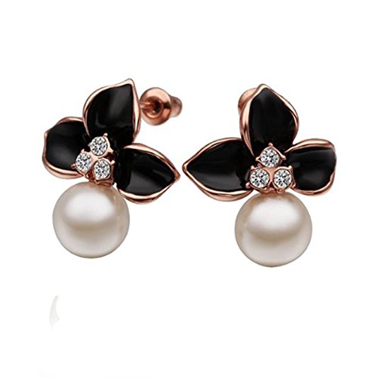 Arlumi 10mm Freshwater Cream Pearl Pave Swarovski Elements Crystal Black Flower Stud Earrings
