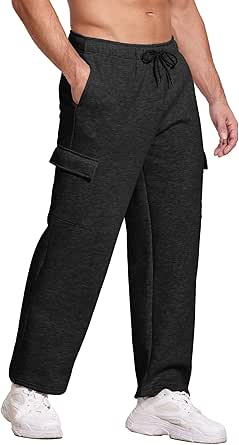 Deyeek Men's Fleece Cargo Sweatpants Baggy Mens Sweat Pants Open Bottom Cotton Sweatpants for Men Lounge Pants with Pockets