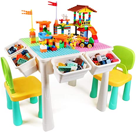 KIDCHEER 7-in-1 Kids Multi Activity Table & 2 Chairs Set, Building Blocks Toy Compatible Storage Table for Toddlers Learning & Playing, Water & Sand Game Activities with 230PCS Building Blocks
