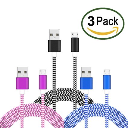 Micro USB Cable, TekSonic [3-Pack] [Black, Blue, Pink] 3.3ft/1m High Speed Nylon Braided Cable Micro USB Charging/Sync Durable Data Cable for Android, Samsung Galaxy, S6, Nokia, LG and Tablets