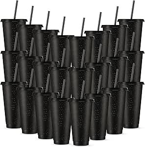 Amyhill 24 Pcs Reusable Cups with Lids and Straws 24 oz Glitter Iced Coffee Tumbler Plastic Travel Mug Cup for Smoothie Juices Birthday Sleepover Party Supplies for Girls(Black)