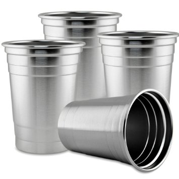 Party Cups 16 oz - Stainless Steel Pint Cups 4-Pack - Stackable Cups for Camping Parties Traveling or a Beer Pong Set - Great for Beer Soda Whiskey Bourbon and Other Alcohol - Dishwasher Safe