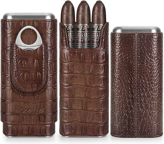 Scotte Cigar Case Leather Cigar Travel Case Cedar Wood Lined Portable Cigar Humidor Box with Cigar Cutter Elegant Cigar Box Great Cigar Accessories for Men