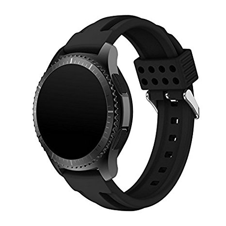 Maxjoy for Gear S3 Bands, S3 Frontier/Classic Band Soft Silicone 22mm Waterproof Replacement Strap Large Sport Wristband Bracelet with Stainless Steel Metal Clasp for Samsung Gear S3 Smart Watch,Black