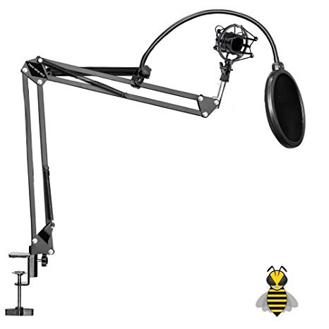 Tree New Bee 2016 Pro Complete Set Microphone Suspension Boom Scissor Arm Stand with Mic Round Wind Pop Filter Mask Shield and Black Shock Mount (TNB-ARM02)