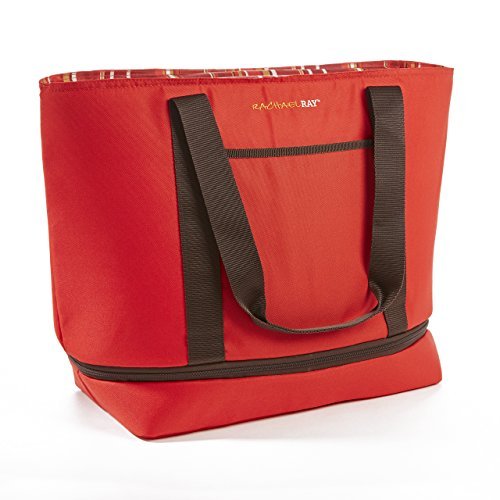 Rachael Ray Expandable Insulated Tote Bag, XL Capacity for Grocery Shopping/Entertaining, Red Stripes