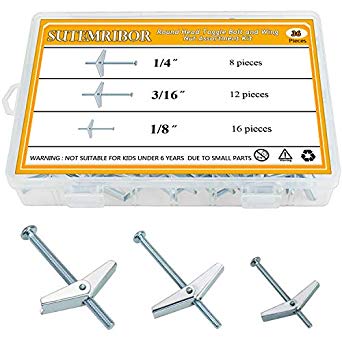 Sutemribor 1/8 Inch, 3/16 Inch, 1/4 Inch Toggle Bolt and Wing Nut for Hanging Heavy Items on Drywall (36 PCS)