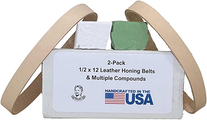 2 Pack of 1/2" x 12" Leather Honing & Polishing Belts Fits Original Work Sharp WSKTS Belt Sander - Includes Green and White Compound