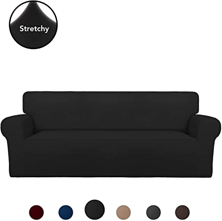 PureFit Super Stretch Sofa Slipcover – Spandex Non Slip Soft Couch Sofa Cover, Washable Furniture Protector with Non Skid Foam and Elastic Bottom for Kids, Pets （Sofa, Black）