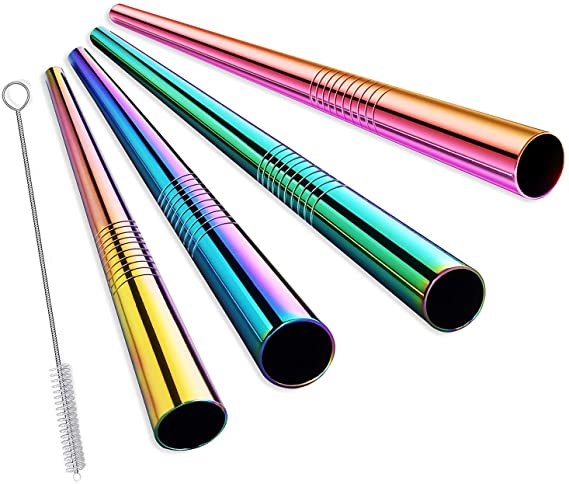 ALINK Extra Wide Reusable Rainbow Stainless Steel Boba Smoothie Straws, 12mm Jumbo Metal Bubble Tea/Milkshakes Straws, Pack of 4 with Cleaning Brush & Carrying Case