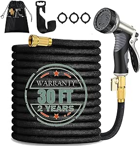 Garden Hose 30 FT Flexible Expandable Garden Hose with 9 Function Hose Nozzle Durable 3750D and Double Latex Core Outdoor Water Hose for Gardening Watering Washing