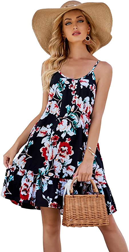 BUENOS NINOS Women's V Neck Floral Maxi Dress Boho Printed Adjustable Spaghetti Strap Ethnic Beach Long Dress with Pockets