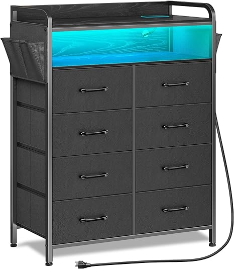 Rolanstar Dresser with Power Outlets and LED Lights, 8 Drawers Dresser with Side Pockets, Fabric Chest of Drawers with PU Finish, Tall Dresser with Sturdy Frame & Wood Top for Bedroom, Nursery, Black