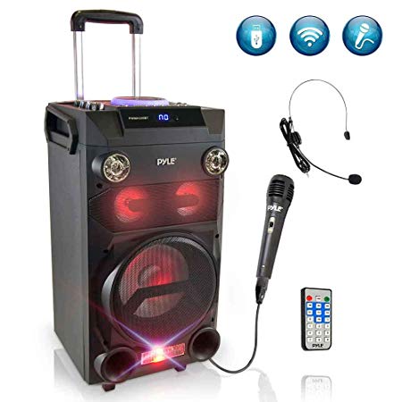 Pyle Outdoor Portable Wireless Bluetooth Karaoke PA Loud Speaker - 8'' Subwoofer Sound System with DJ Lights, Rechargeable Battery, FM Radio, USB/Micro SD Reader, Microphone, Remote