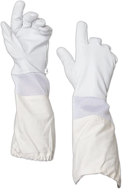 Forest Beekeeping Gloves, Premium Goatskin Leather Beekeeper's Glove with white vented space Between Long Canvas Sleeve and elastic cuff (XS)
