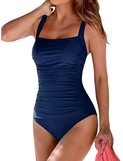 Hilor Women's One Piece Swimsuits Shirred Tank Swimwear Vintage Tummy Control Bathing Suits