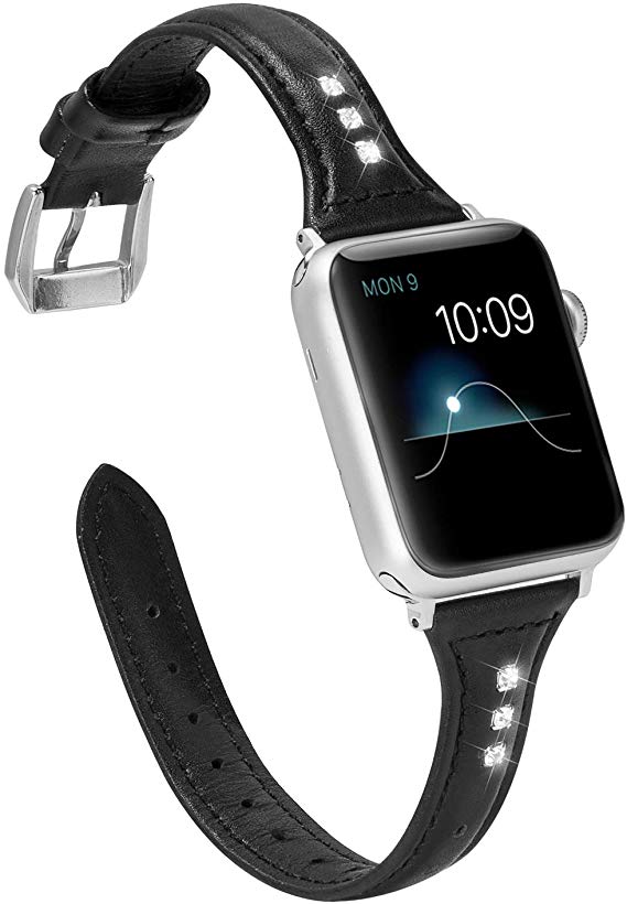 Wearlizer Black Thin Leather Compatible with Apple Watch Band 42mm 44mm for iWatch Womens Rhinestone Straps Beauty Wristband Slim Replacement Cute Dressy Bracelet (Silver Clasp) Series 5 4 3 2 1 Sport