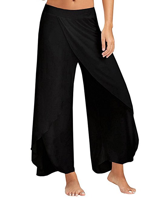 ZANZEA Women's Pants Cropped Palazzo Wide Leg High Split Layered Solid Flowy Casual Trousers