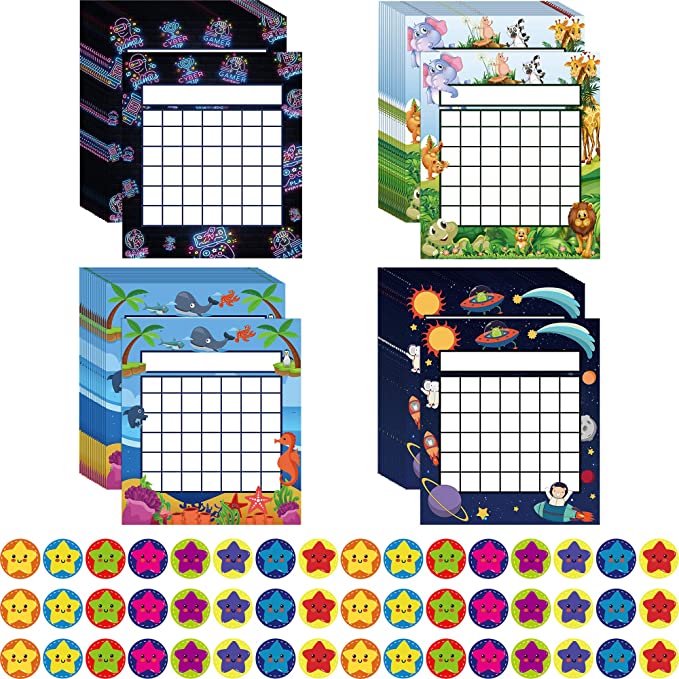 64 Pieces Classroom Incentive Chart in 4 Designs, Space Ocean Forest Game Theme Party Incentive Chart with 1320 Pieces Star Stickers