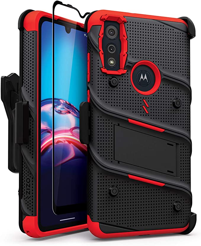 ZIZO Bolt Series for Moto E (2020) Case with Screen Protector Kickstand Holster Lanyard - Black & Red