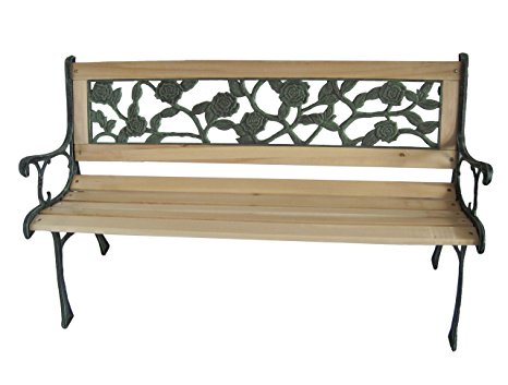 FoxHunter 3 Seater Wooden Slat Garden Bench Seat Rose Style Cast Iron Legs