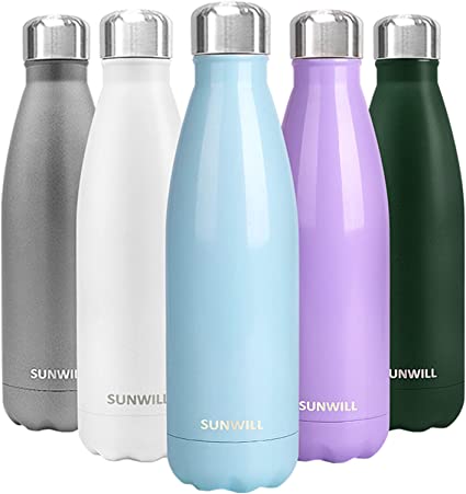 SUNWILL Water Bottle, Insulated Stainless Steel Sports Bottle 500ml, Reusable Vacuum Thermal Water Flask, Double Wall, For Hot and Cold Drinks