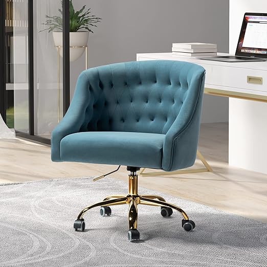 Velvet Home Office Chair with Gold Base, Comfortable Modern Cute Desk Chair, Adjustable Swivel Task Chair for Living Room Bedroom Vanity Study, Blue