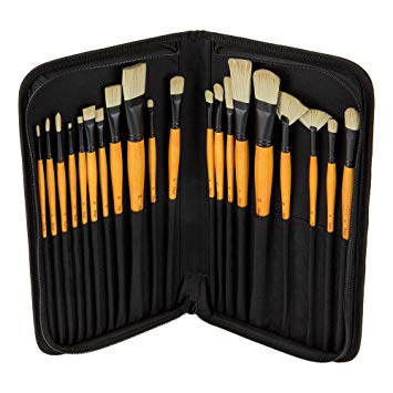 Creative Mark Paint Brush Set Mimik Hog Professional Synthetic Hog Bristle Brushes for Acrylics, Inks, Dyes, Gouaches, Watercolors, Easein & Egg Tempera - [Deluxe 20 Piece Set w/Leather Case]