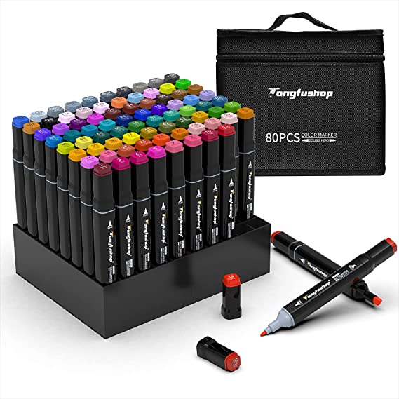 Tongfushop 80 Colored Marker Set,1 Second Quickly Drying Marker Pens,Double  Tip