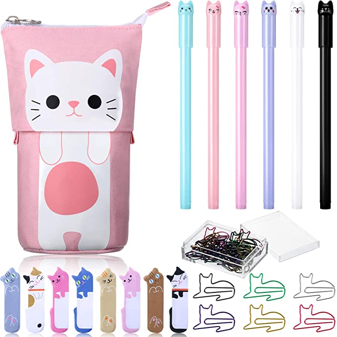 Cute Cat Stationery Set, 1 Canvas Telescopic Pen Holder Transformer Pencil Case, 6 Colorful Cat Black Gel Ink Pens, 30 Cat Shaped Paper Clips Bookmark and 240 Cat Sticky Notes Page Flags Index Tabs